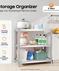 3 Tier Stainless Steel Storage Rack Built Rugged And Hella Solid Vertical Organizer For Kitchen Pantry Garage Waterproof Heavy Duty Multi Tier Utility Shelf 31.5 Inches with cleaning supplies and kitchen essentials.
