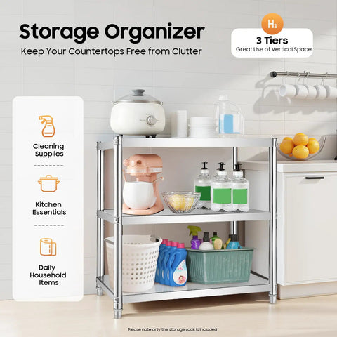 3 Tier Stainless Steel Storage Rack Built Rugged And Hella Solid Vertical Organizer For Kitchen Pantry Garage Waterproof Heavy Duty Multi Tier Utility Shelf 31.5 Inches with cleaning supplies and kitchen essentials.