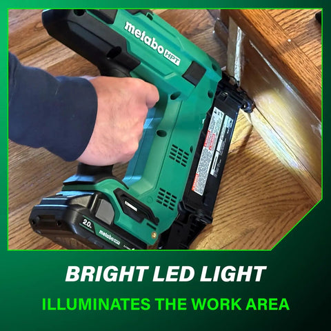 Using 18V MultiVolt Compact Cordless Brad Nailer Kit With Two Ah Battery Drives Five Eighths To Two Inch Nails Lightweight Five And A Half Pounds Fast Response No Ramp Up Time LED Light Delivers 700 Nails Per Charge Perfect For Tight Spots on stairs