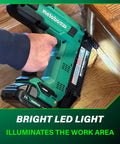 Compact 18V Cordless Brad Nailer 18 Gauge Tool Only Single Sequential Trigger Lightweight Frame shown with bright LED light.