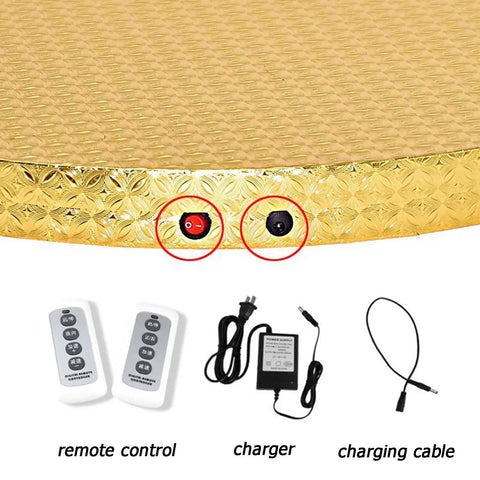 Motorized Swivel Turntable With Remote Control, 360 Degree Rotating Display Stand, gold details, remote, charger, cable