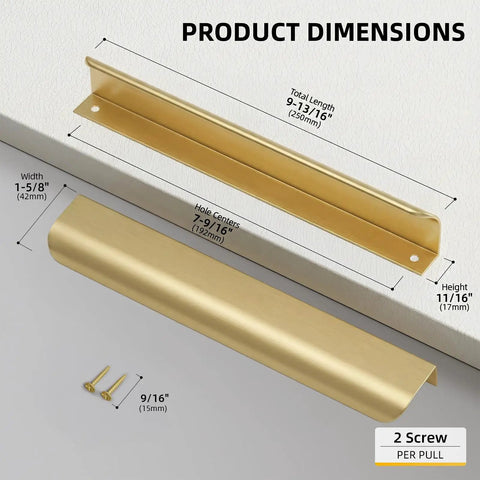 Dimensions of 10 Pack 7 1/2 Inch Matte Gold Finger Pulls For Cabinets And Drawers, Brushed Brass Edge Pull Handles shown