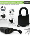 Weather-resistant padlock with key, showing brass cylinder, 10mm shackle, and protective cover from Hardened 8mm Security Chain With Weather Resistant Pad Lock For Gate, Bike, Generator, Fence And Outdoor Use, Stainless Steel Beefy Heavy Duty Chain Lock, Anti Rust Galvanized Steel Black.