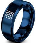 Slick Cartesian Grid Design Dope Blue Plated Tungsten Carbide Wedding Ring showing grid detail, size 8.5, perfect for math enthusiasts.