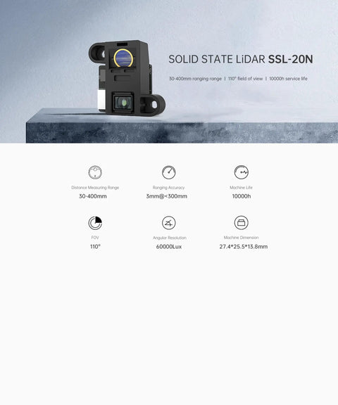 Compact Solid State Lidar Sensor With 110 Degree Field Of View, 30 To 400 Millimeter Scanning Range, High Refresh Rate Shown