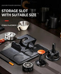 The Real Deal 5 Piece Espresso Tamping Station Kit With Spring Loaded Tamper Weighted Coffee Distributor WDT Needle Tool And Cleaning Brush Pro Barista Storage Base Universal Fit on countertop.