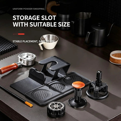 The Real Deal 5 Piece Espresso Tamping Station Kit With Spring Loaded Tamper Weighted Coffee Distributor WDT Needle Tool And Cleaning Brush Pro Barista Storage Base Universal Fit on countertop.
