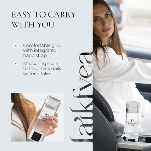 Hydrogen Water Bottle Generator Pro Portable Alkaline H2O Machine in car holder, showcasing measuring scale and hand strap.