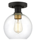 Modern Farmhouse 1 Light Flush Mount Ceiling Light With Clear Glass Globe In Black And Gold Finish For Hallways, Entryways, Kitchens