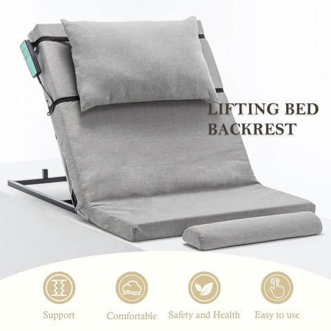 Ultimate Electric Adjustable Bed Backrest Lift Assist With Smooth Remote Recline From 4 To 68 Degrees Secure No Slip Design For Easy Movement And Zero Caregiver Help with grey cushion and remote.