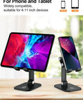 Adjustable Height Folding Phone Stand for Desk with iPhone and tablet, sturdy tilt lock, compatible with 4-11 inch devices.
