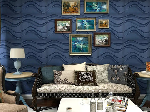 Living room with Navy Blue 3D Wall Panels PVC Slim Wave Covers For Interior Decor, Waterproof And Fire Resistant, art gallery wall, sofa.
