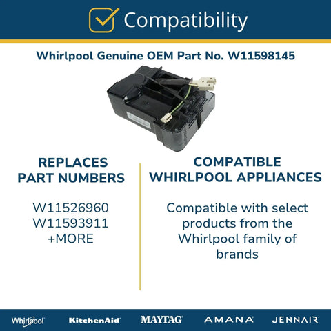 Genuine OEM Freezer Inverter Board Replacement, Replaces W11526960 And W11593911, Model W11598145 shown with compatibility details
