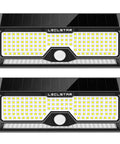 Front view of two Super Bright Solar Outdoor Lights 4000 Lumen 268 LED Motion Sensor IP65 Waterproof Wireless Flood Lights