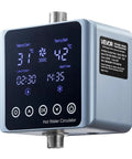 Smart Digital Instant Hot Water Recirculating Pump Kit under sink with Thermostat Timer display showing temperature settings.