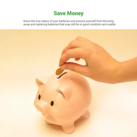 Hand placing coin in pink piggy bank symbolizing savings from using All In One Battery Tester With LCD Display For AA AAA C D 9V And More Handy Cell Checker That Quickly Reads Battery Health For CR123A CR2 CRV3 2CR5 CRP2 And Button Cells