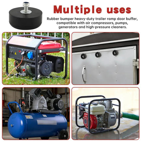 4 Pack 2.5 Inch Round Rubber Trailer Ramp Door Bumpers for cargo trailer, shown with air compressors and generators, black model