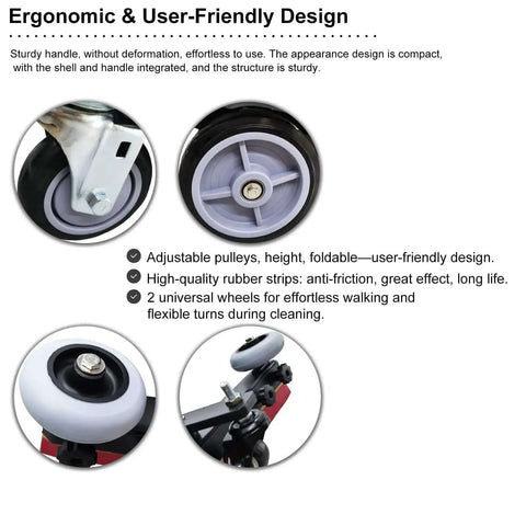 Commercial Floor Scrubber wheels and features, showcasing durable and ergonomic design, 20 inch cleaning path and dual tank system.