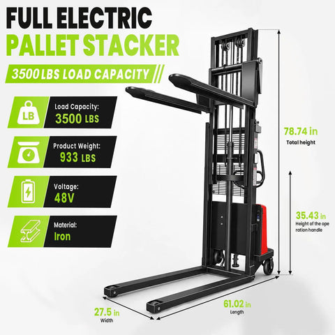 Heavy Duty 3500 Lbs Electric Pallet Stacker with 3500 lbs capacity, 933 lbs weight, iron material, height 78.74 in, width 27.5 in.