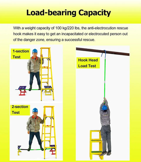 Pro Grade Fiberglass High Voltage Insulated Rescue Hook Telescopic Pole Heavy Load Capacity Electrician Tool shown in load-bearing capacity tests.