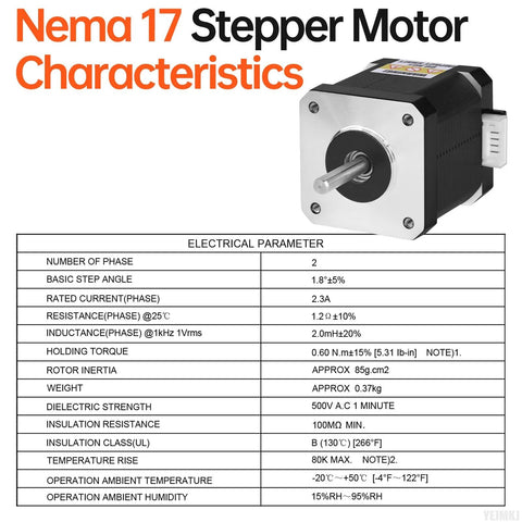 Front view of YEJMKJ NEMA 17 stepper motor with silver faceplate, black housing, protruding shaft, 4-lead connector.