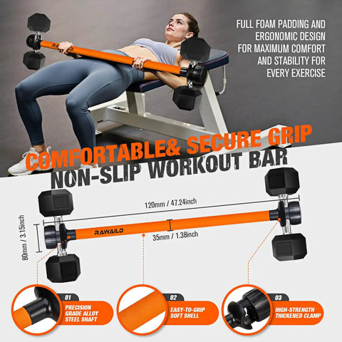 Dumbbell To Barbell Converter For Your Home Gym Turn Dumbbells Into A Barbell Set Weight Bar For Bench Presses Squats Hip Thrusts Deadlifts And Versatile Strength Training Gear in use on a workout bench.
