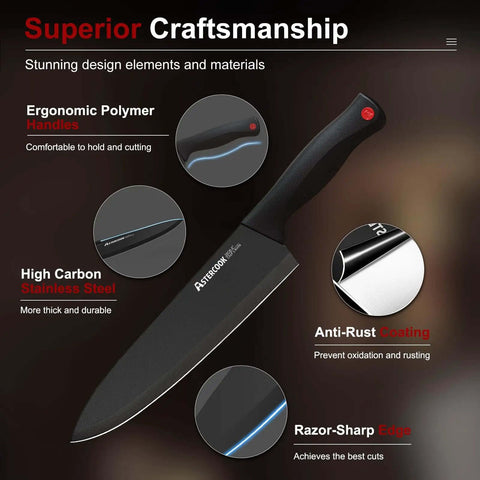 Close-up of 15 Piece Kitchen Knife Set With Built In Sharpener Block German Stainless Steel Blades showcasing polymer handle and sharp edge
