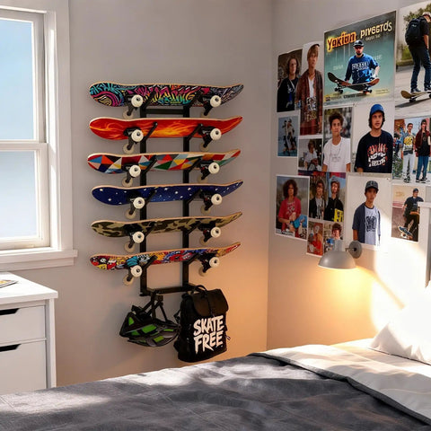 Heavy Duty 6 Layer Skateboard Floor Stand And Wall Mount Rack To Park Longboard Cruiser And Mini Deck Plus Snowboard Storage Rack Shop Grade For The Squad That Likes To Stack Up The Gear Without The Drama showcasing six colorful skateboards mounted on a wall.