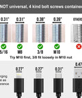 Chart of bolt screws for Adjustable Bed Leg Replacement Set For Bed Base Frame DIY Friendly with widths and charging cable reference.