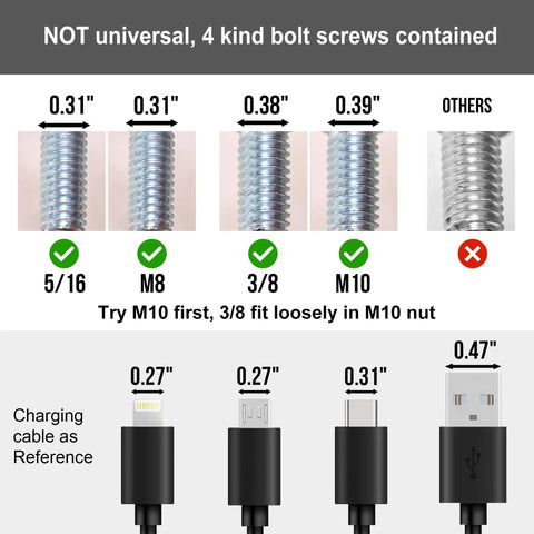 Chart of bolt screws for Adjustable Bed Leg Replacement Set For Bed Base Frame DIY Friendly with widths and charging cable reference.