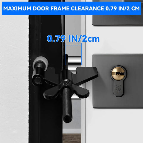 Portable Door Lock For Travel And Home Security installed on door frame with 0.79 inch clearance, showing maximum fit for privacy.