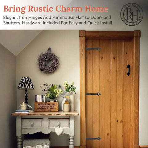 Wood door with Four Pack 4 Inch Black Faux Strap Hinges Decorative Dummy Hinge Handmade Rustic Iron Hardware, farmhouse decor.