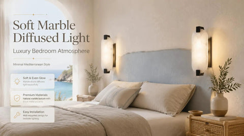 Tonabona 2 Pack 2 Light 15" Natural Alabaster Oval Marble Farmhouse Bathroom Black Wall Sconce beside cozy bed setup.