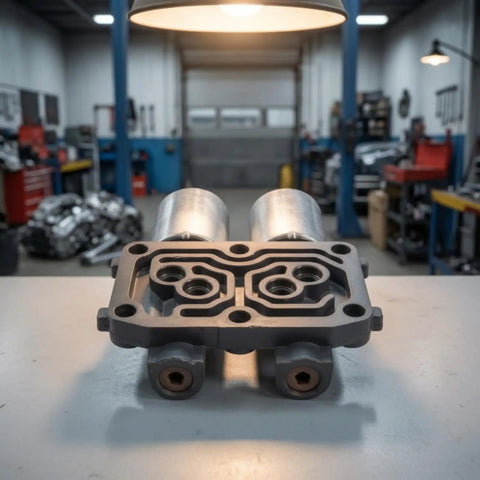 Road Ready Automatic Linear Solenoid Actuator Kit With Slick Hydraulic Seals And Four Spare O Rings For Hella Smooth Shifting On Japanese Automatic Transmissions, aluminum assembly angled view.