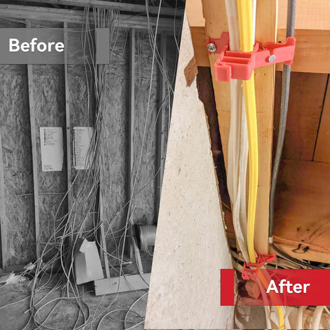Before and after comparison of Heavy Duty Multi Cable Staples For Romex And Ethernet securing wires neatly in a home project.
