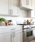 Modern kitchen with Brushed Satin Nickel Knurled Cabinet Pulls 5 Inch 128mm Pack Of 10 For Kitchen Cabinets And Drawer Fronts installed.