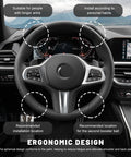 Car interior with ergonomic steering wheel showing recommended installation for Woodgrain Steering Wheel Spinner Knob For Cars