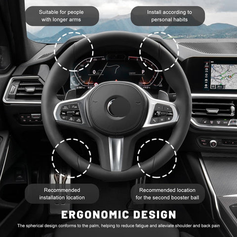 Car interior with ergonomic steering wheel showing recommended installation for Woodgrain Steering Wheel Spinner Knob For Cars