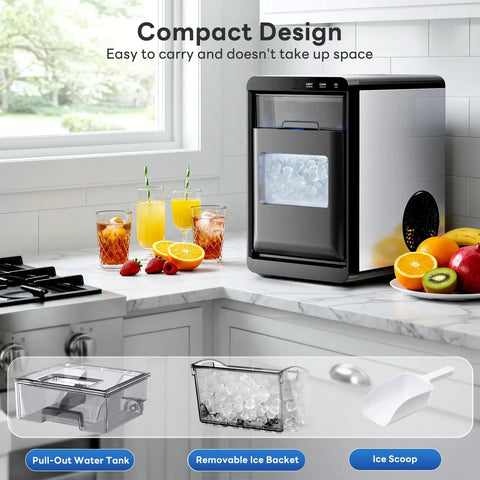 Quiet Nugget Ice Maker For Countertop With 44 Lb Daily Capacity, Rapid 15 Minute Ice Production, stainless steel on kitchen counter