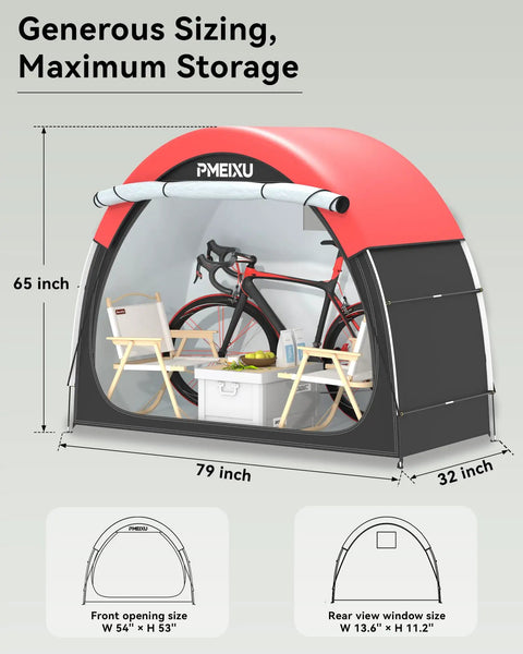 High Clearance Bike Storage Tent Shelter for Your Rigs, 53 Inch Tall Outdoor Bike Shed with red roof and transparent front.