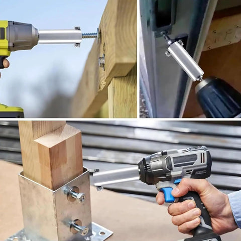Heavy Duty Stainless Steel Trailer Jack Drill Adapter Fits 1 Inch Jack Shaft With 1/2 Inch Socket Quick Swap Design in use with a cordless drill.