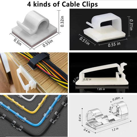 All In One Cable Management Kit With 4 20 Inch Sleeves 311 Piece Setup Including Zip Ties Clips Cord Holders Tape Rolls Mounts And Fasteners For Clean Tidy Wires And Easy DIY Install showing 4 types of cable clips with dimensions.