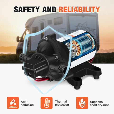 12V RV Water Diaphragm Pump with Auto On Off Switch Self Priming 3.5 GPM at 45 PSI, features anti-corrosion and thermal protection.