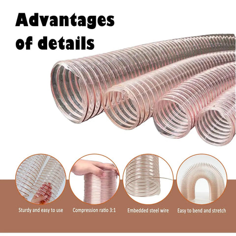 Heavy Duty Clear Polyurethane Dust Collection Hose Steel Wire Reinforced, flexible for workshop tools, showing advantages.