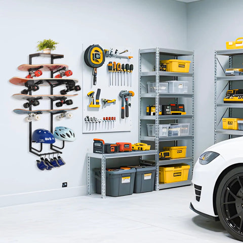 Wall Mounted Skateboard Rack Secures Four Boards And Helmets With Heavy Duty Angled Steel Arms For Clutch Organization And One Handed Retrieval Of Your Sick Longboards in garage setting.
