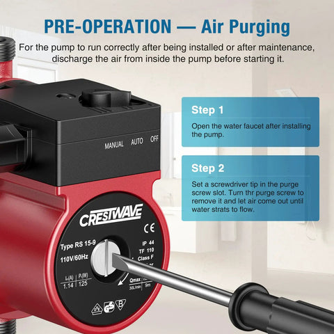 Heavy Duty Hot Water Recirculating Pump For Tank Heaters Delivers Hella Strong Pressure Boost And Instant Hot Flow For Badass Shower Vibes Easy Mount 110V Plumbing Kit air purging instructions with screwdriver and pump controls.