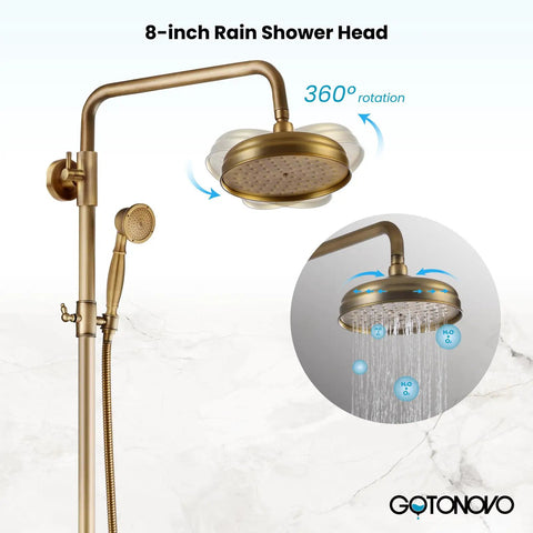 Antique Brass Shower Faucet With 8 Inch Rain Head And Handheld Spray showcasing 360° rotation and water flow.