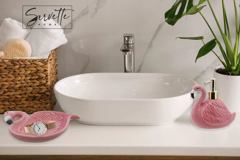 Bathroom countertop with Pink Ceramic Soap Dispenser With Gold Pump For Bathroom Or Kitchen Sink, Cute Bird Design Hand And Dish Soap Holder, Durable Glazed Finish, Modern Countertop Decor For Home.