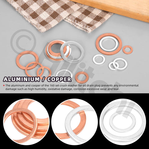 Oil Drain Plug Gasket And Washer Set 160Pcs in 16 sizes, aluminum and copper washers, displayed on a gray surface.