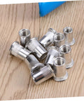 Rock Solid 86 Piece Rivet Nut Kit And Heavy Duty Tool For Metal Assembly Jobs Perfect For Steel Projects Electrical Wiring Ducts And General Fabrication Tasks With M5 M7 M8 Sizes Included In This Ultimate Rivnut Gun Set. M5 aluminum rivet nuts on wood surface